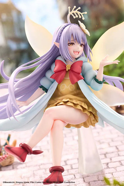 Magic Repo Man Empee 1/1 Scale Figure featuring a cheerful lavender-haired fairy with golden wings, a yellow dress, mint-green jacket, red bow, and matching shoes in a playful floating pose.