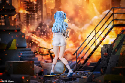 Goddess of Victory Nikke Shifty Illustration Panic Sight Deluxe Ver. 1/7 Scale Figure featuring Shifty with blue hair, tactical outfit, oversized weapon, firing effect, and ammo belt display details.