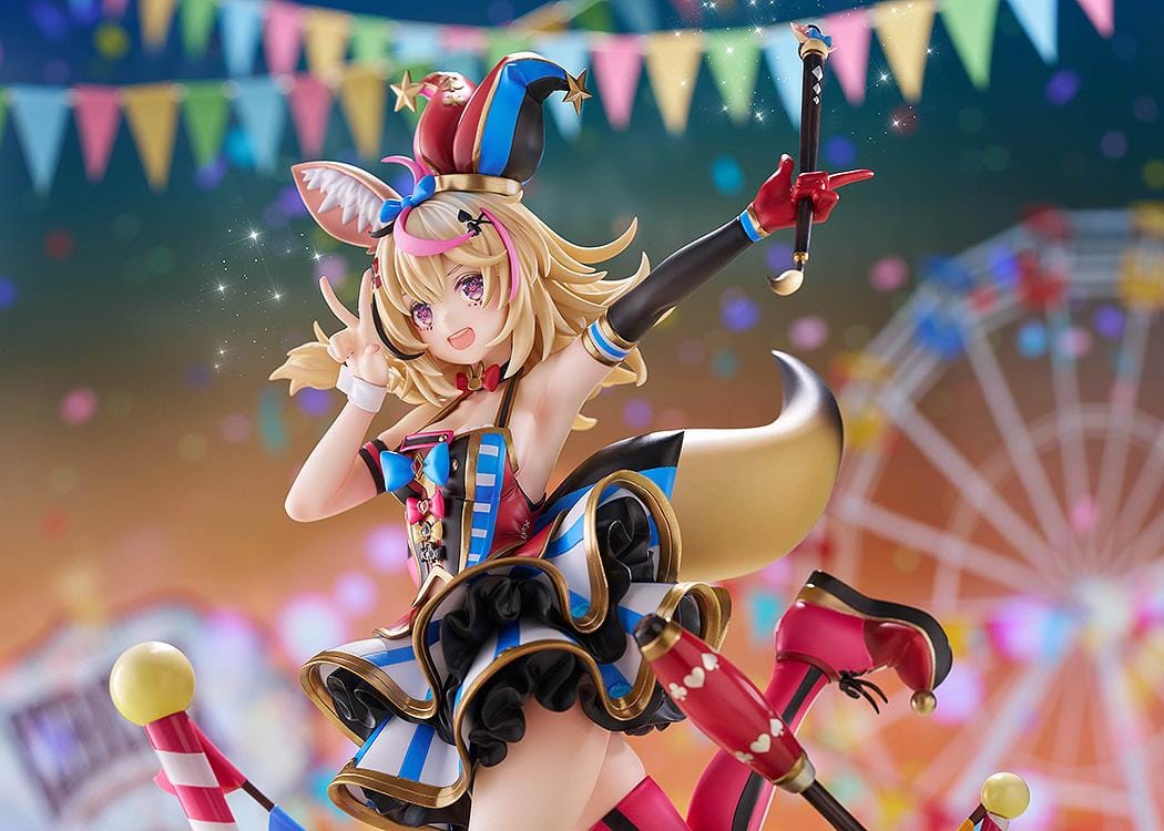 hololive production Omaru Polka 1/7 Scale Figure with jester outfit, fox ears, baton, colorful circus base, and dynamic pose