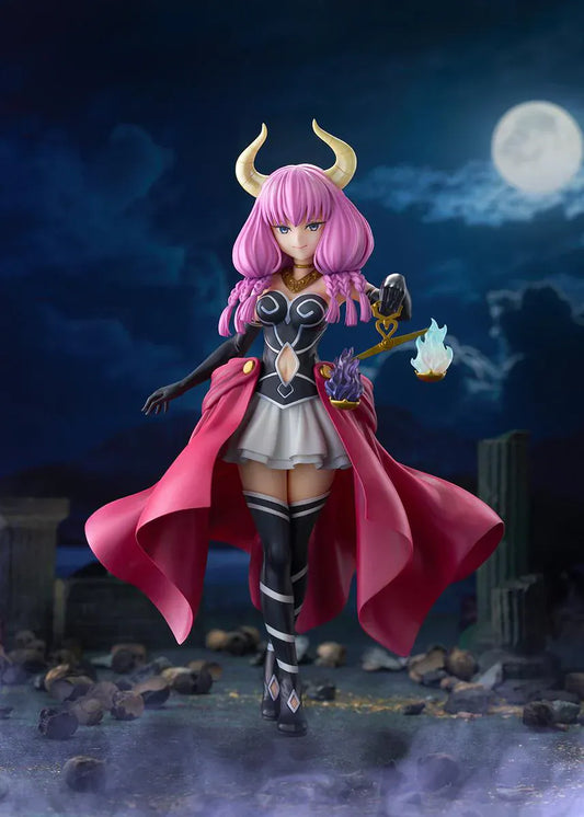 Frieren Beyond Journey’s End Aura the Guillotine 1/7 scale figure with pink hair, horns, flowing red cape, and scales accessory