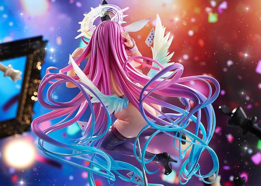 No Game No Life Jibril Bunny Ver. 1/6 Scale Figure featuring a pink-haired anime girl with flowing multicolored strands, golden eyes, purple bunny ears, a glossy purple bunny suit, thigh-high stockings, feathered wings, and a halo floating above a checkered display base.