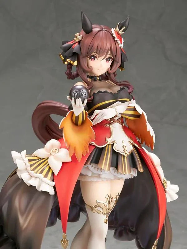 Umamusume Pretty Derby Gentildonna 1/7 Scale Figure featuring a brown-haired horse girl with a playful wink, an elaborate black, red, and gold outfit, flowing decorative fabric, white ruffles, ornate accessories, elegant stockings, and gold-accented heels standing on a red and gold circular display base.