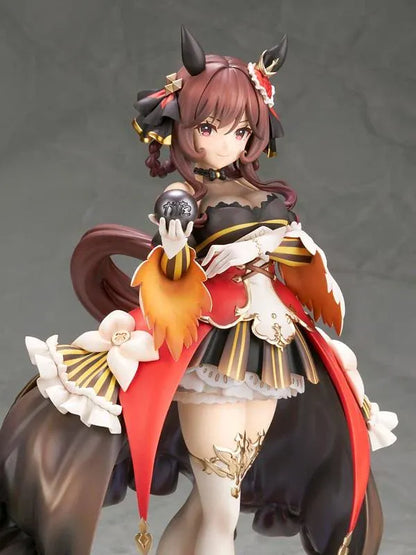 Umamusume Pretty Derby Gentildonna 1/7 Scale Figure featuring a brown-haired horse girl with a playful wink, an elaborate black, red, and gold outfit, flowing decorative fabric, white ruffles, ornate accessories, elegant stockings, and gold-accented heels standing on a red and gold circular display base.