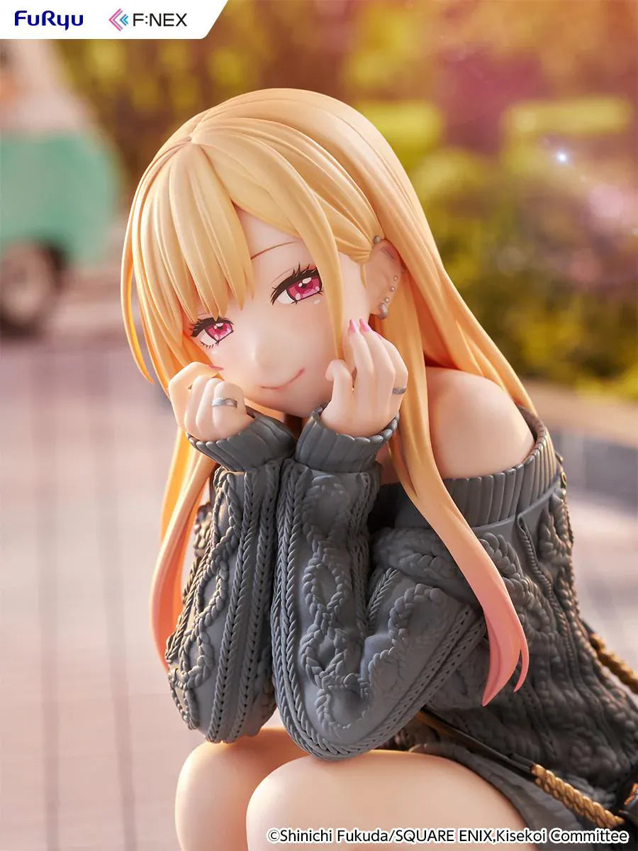 My Dress-Up Darling Kitagawa Marin knit ver. 1/6 Scale Figure featuring Marin with long blonde hair, gray oversized sweater, black boots, quilted bag, and crouching pose.