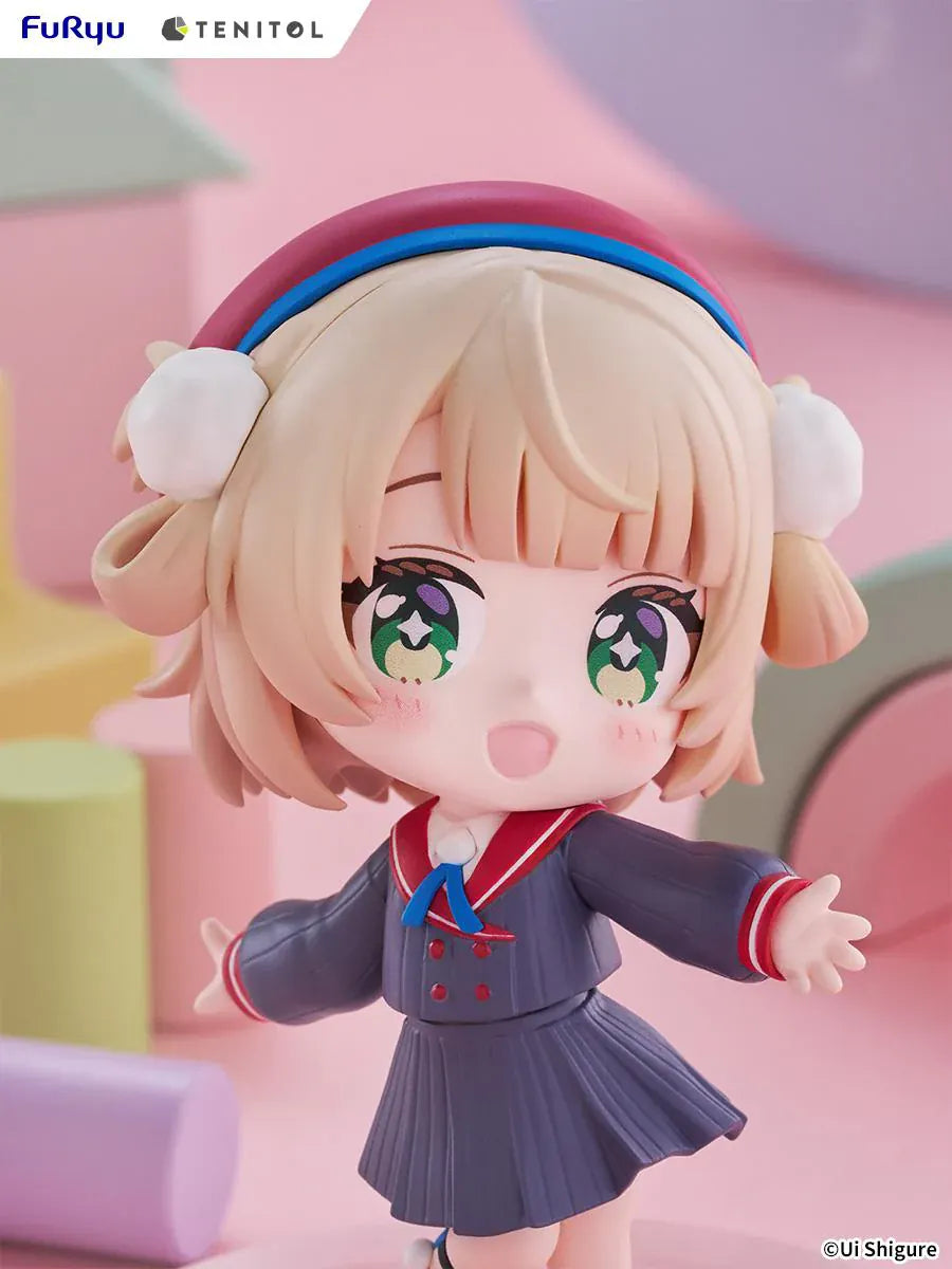 Ui Shigure Tenitol Mini Ui Shigure Figure with blonde hair, green eyes, earmuffs, school uniform outfit, cheerful pose, and round display base