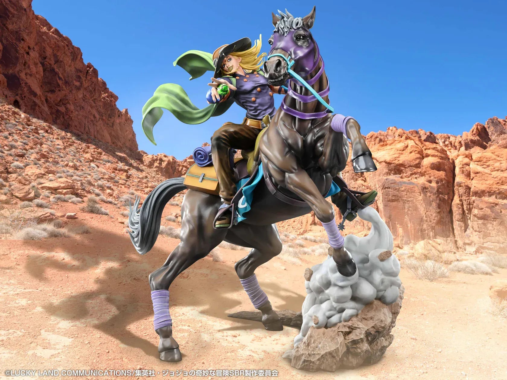 STEEL BALL RUN JoJo's Bizarre Adventure Gyro Zeppeli and Valkyrie figure featuring Gyro riding Valkyrie in a dynamic action pose with rocky effect base