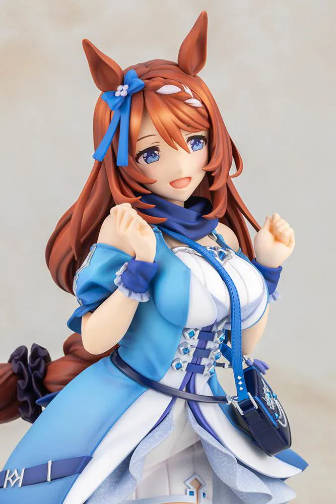 Uma Musume Pretty Derby Super Creek 1/7 Scale Figure featuring Super Creek in a blue-and-white outfit with red hair, horse ears, tail, and a cheerful pose on a themed base.