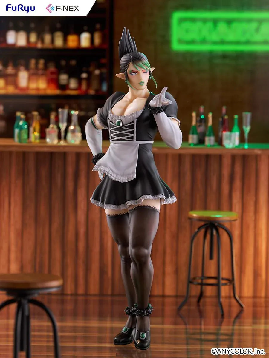 Hanabatake Chaika 1/7 Scale Figure by FuRyu F featuring a VTuber with tall black hair, green highlights, pointed ears, and a black and white maid outfit with white gloves, dark stockings, and black heels on a green circular display base.