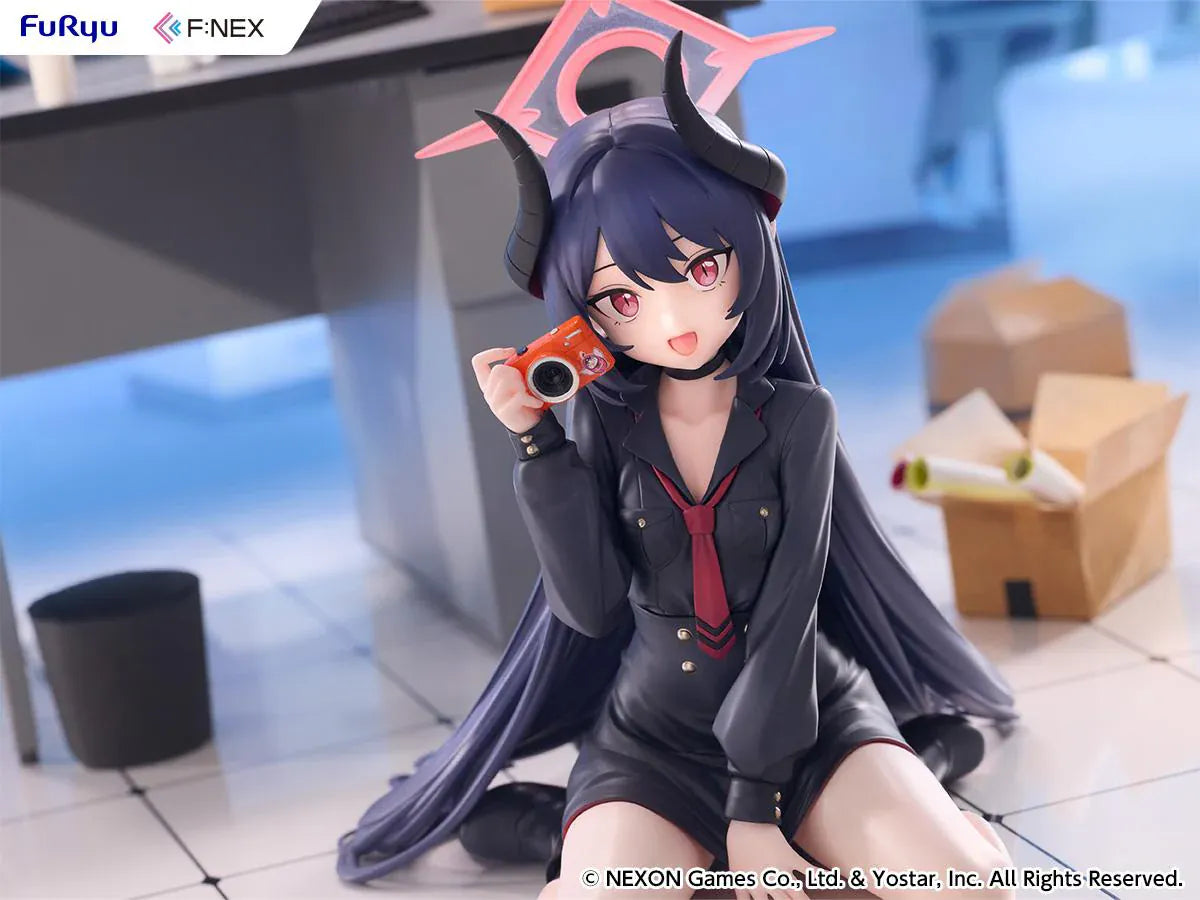 Blue Archive Chiaki Memorial Lobby Ver. 1/7 Scale Figure seated with dark outfit, horn details, pink halo, and camera accessory