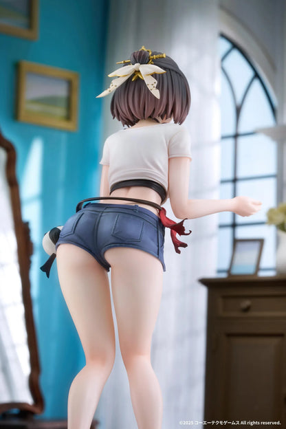 Yumia Liessfeldt A Glance Through the Mirror 1/7 scale figure wearing a tied white top, denim shorts, and dark boots on a wooden-style base.
