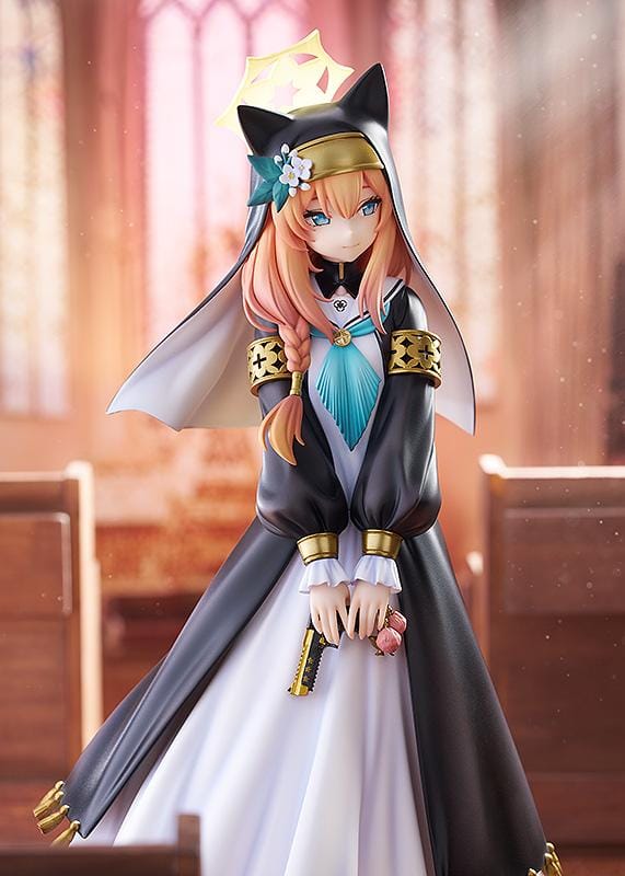 Blue Archive Mari 1/7 scale figure rerelease wearing a black-and-white nun-inspired dress with gold accents and peach-colored hair