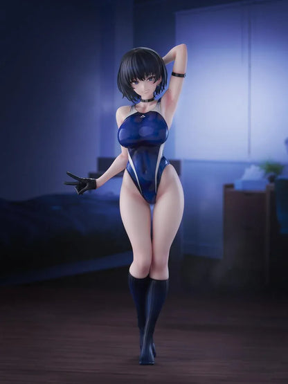 Sakura Aoba Umise 1/6 Scale Figure featuring Aoba Umise with short dark hair, blue eyes, glossy navy outfit, matching legwear, glove accents, and clear display base.