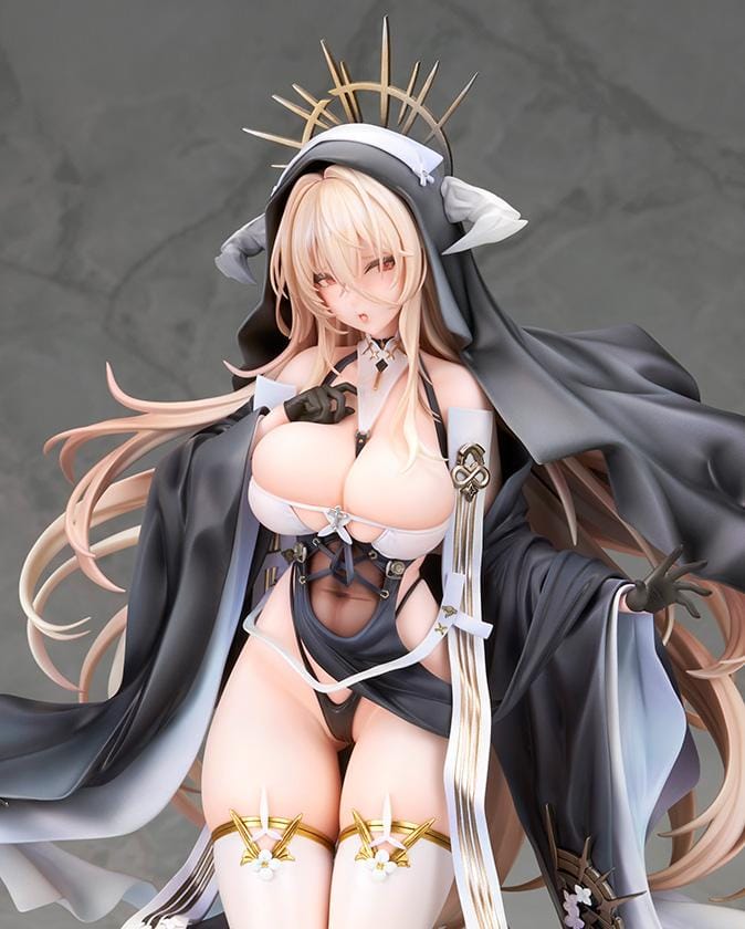 Azur Lane Implacable Special Ver. 1/7 Scale Figure with long blonde hair, black-and-white outfit, gold accents, halo headpiece, and clear display base