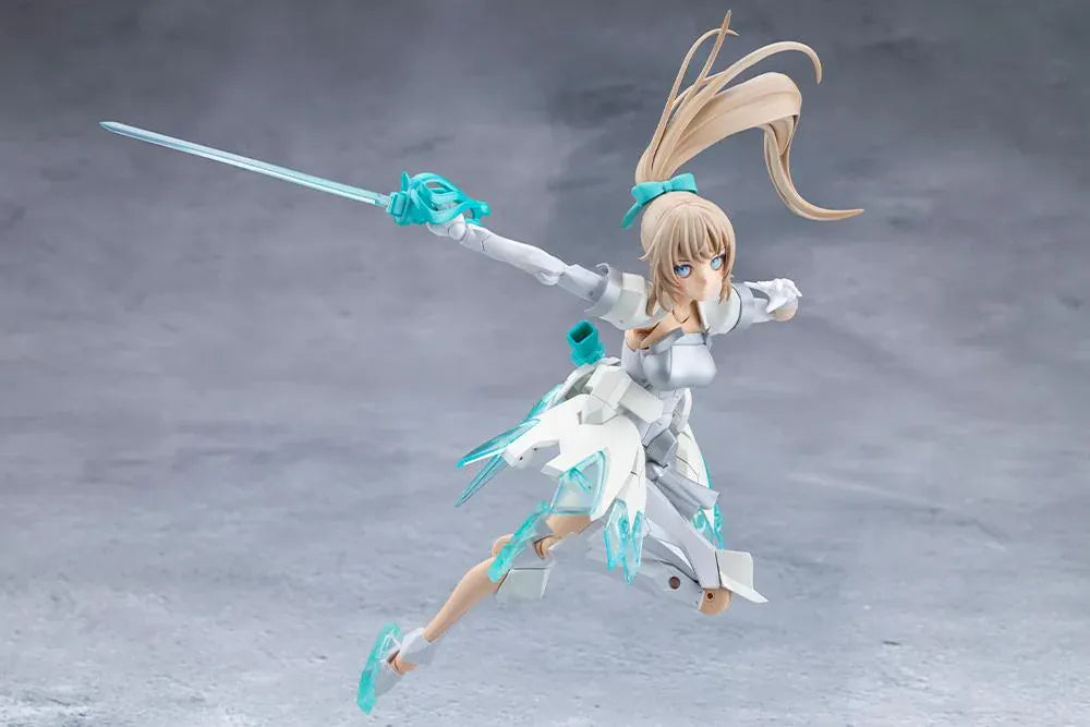 Megalomaria Unlimited Universe Emulator model kit wearing white armor with translucent teal parts and wielding teal weapons.
