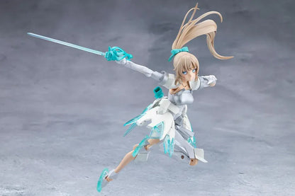 Megalomaria Unlimited Universe Emulator model kit wearing white armor with translucent teal parts and wielding teal weapons.