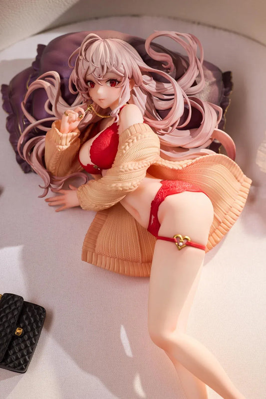 Makia 1/7 scale figure lying on a large fluffy white round base, wearing a cardigan and red lingerie, resting on a purple pillow
