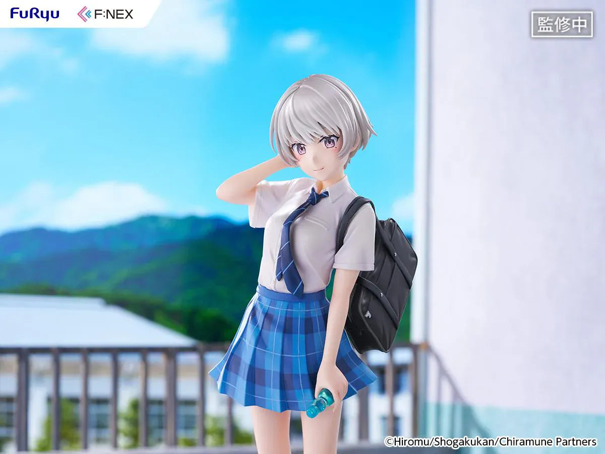 Chitose Is in the Ramune Bottle Asuka Nishino 1/7 Scale Figure with short silver hair, blue plaid skirt, school uniform outfit, backpack, drink bottle accessory, and display base