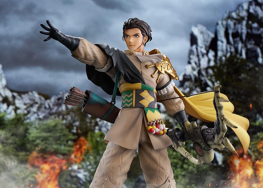 Fire Emblem Claude 1/7 Scale Figure with bow weapon, fantasy outfit, cape, extended hand pose, and rocky display base