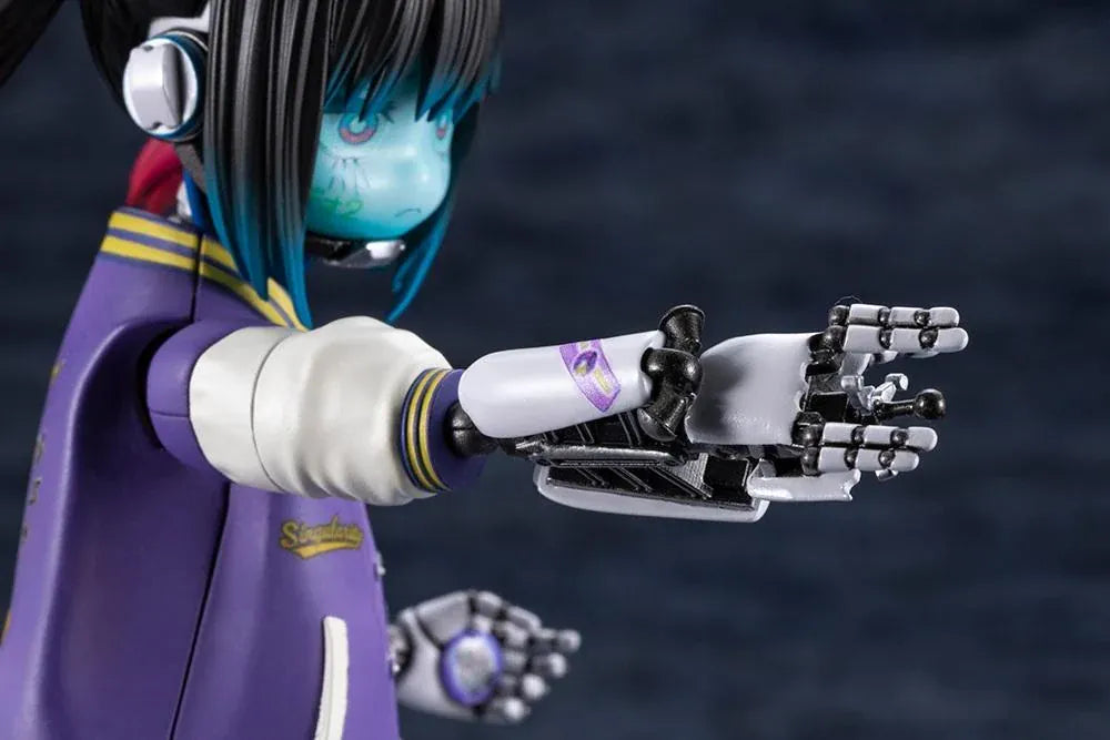 Milky Subway The Galactic Limited Express Makina Model Kit Figure featuring a robotic anime girl with black twin-tail hair, a blue-tinted face, a purple varsity jacket with white sleeves, denim shorts, mechanical arms and legs, burgundy socks, and black-and-white sneakers.