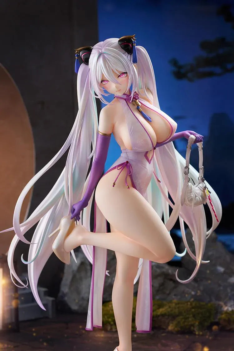 Azur Lane Kearsarge Springtime Monitoring 1/6 Scale Figure featuring long silver hair, an elegant white and purple outfit, handbag, and high heels