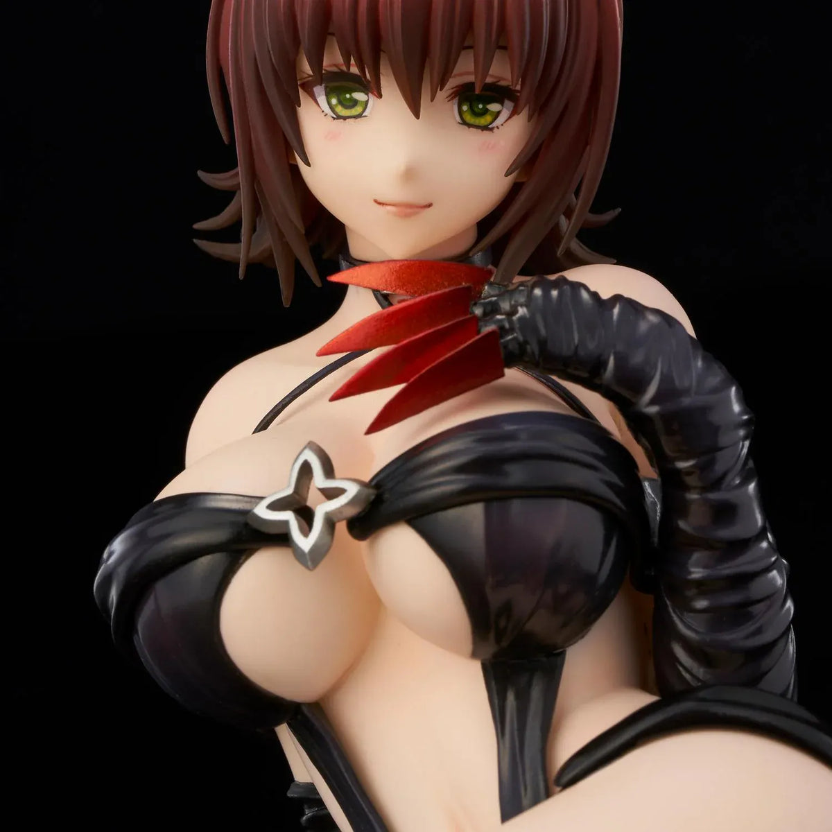 To Love-Ru Darkness Ryoko Mikado Darkness Ver. Figure (Rerelease) featuring a short reddish-brown-haired anime woman with green eyes, black horns, a revealing black outfit, long gloves, and red claw-like accents in a seated pose.