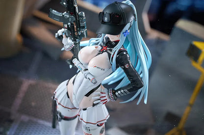 Girls' Frontline 2 Exilium Klukai Speed Star figure with light blue hair, a white and black outfit, cap, goggles, and rifle on a blue display base.