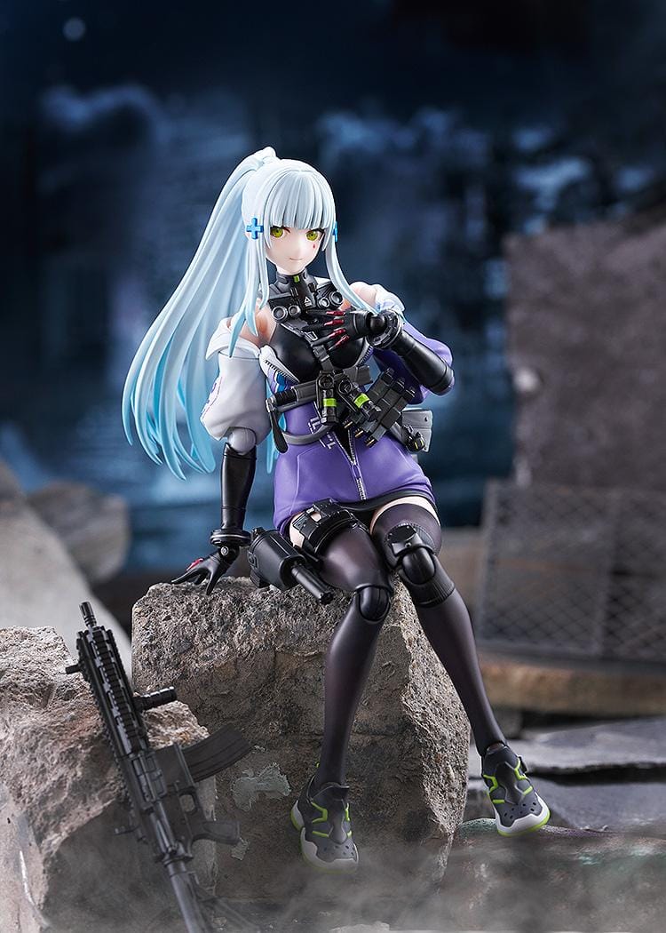 Girls' Frontline 2 Exilium figma Klukai Figure featuring Klukai with light blue hair, tactical outfit, purple jacket, weapon accessory, and futuristic gear details.