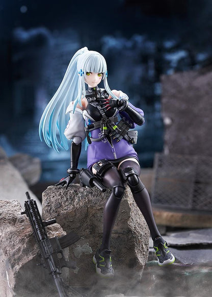 Girls' Frontline 2 Exilium figma Klukai Figure featuring Klukai with light blue hair, tactical outfit, purple jacket, weapon accessory, and futuristic gear details.