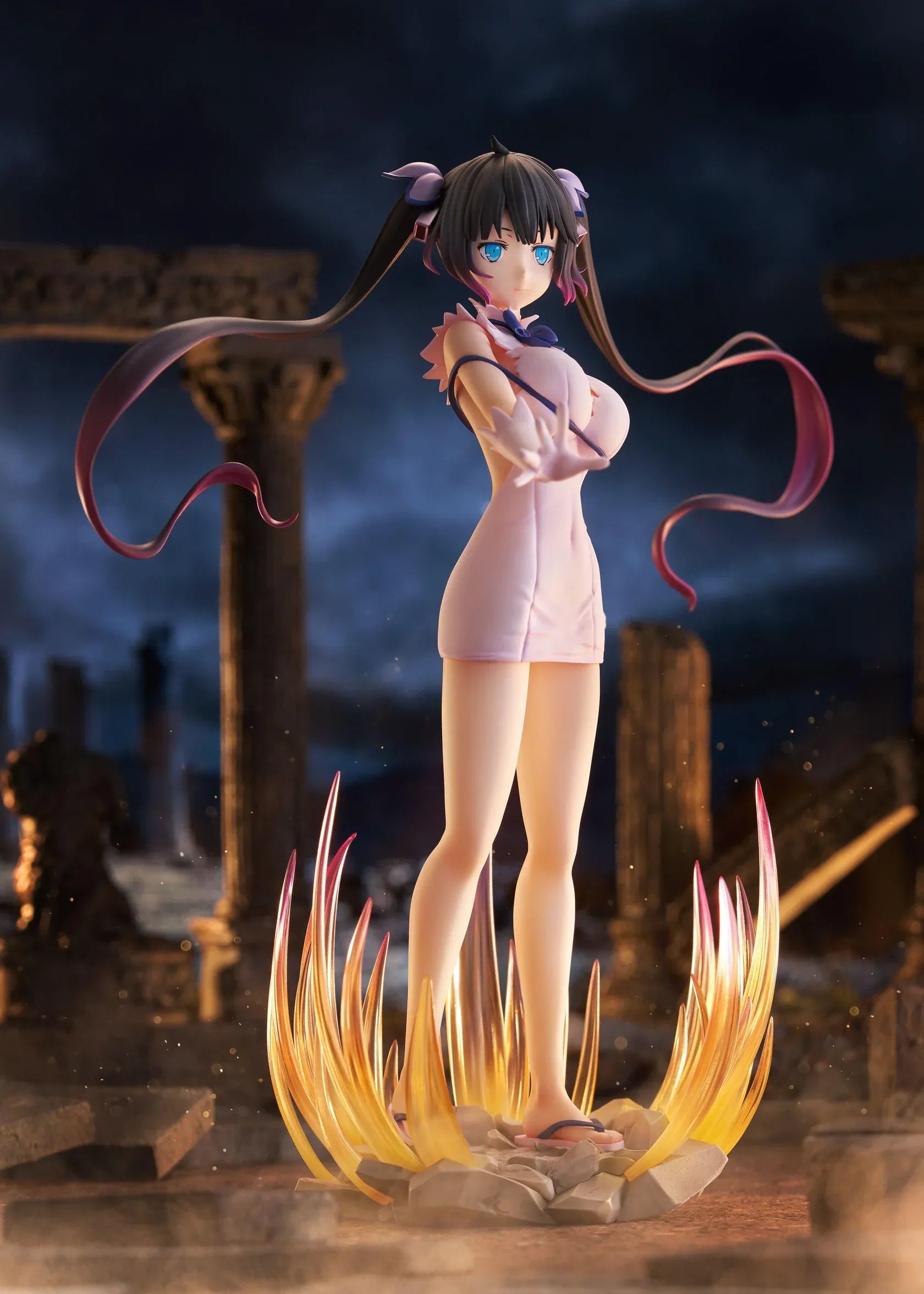 Is It Wrong to Try to Pick Up Girls in a Dungeon V Hestia Divinity Unleashed Limited Edition Ver. 1/7 Scale Figure with twin-tails, white outfit, blue ribbon accents, rocky base, and flame effect parts