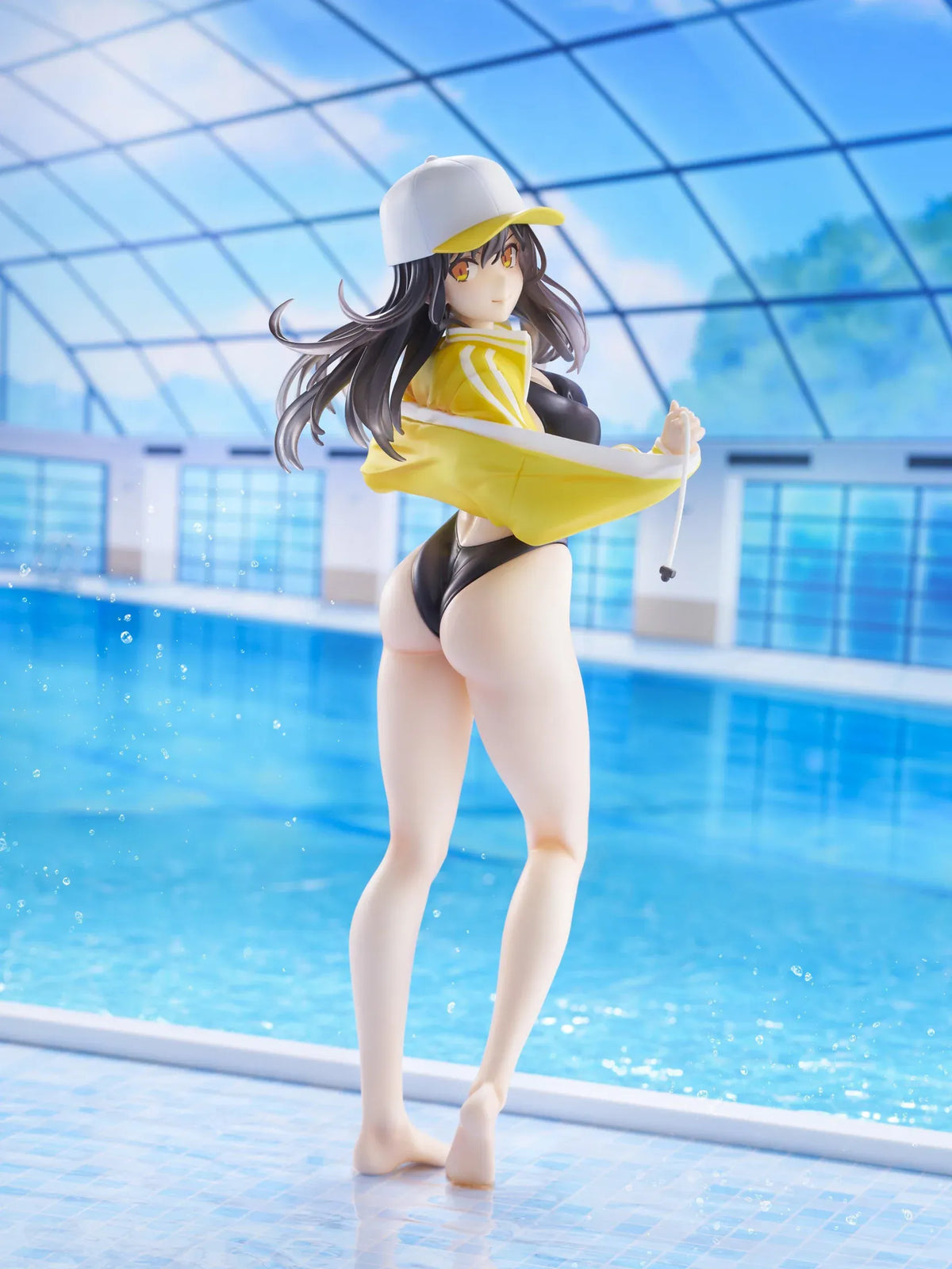 KoiKoi Sakura Kyou kara Suieibu Komon no Tama-chan Sensei 1/6 Scale Figure featuring a dark-haired anime woman with golden eyes wearing a black swimsuit, yellow athletic jacket, and white cap with a yellow brim, posing barefoot on a transparent circular base.