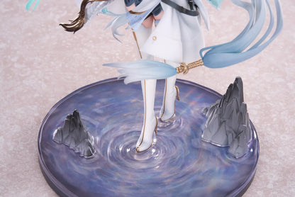 Wuthering Waves Jinhsi 1/7 Scale Figure with long white hair, elegant blue and gold outfit, flowing accessories, water-style display base, and bonus item
