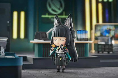 Nendoroid Miyabi Hoshimi with fox ears, black hair, katana, and blue spirit effect part.