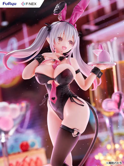 Suou Patra Bunny Ver 1/6 Scale Figure by FuRyu F:NEX wearing a black and pink bunny outfit with stockings, heels, bunny ears, and tail