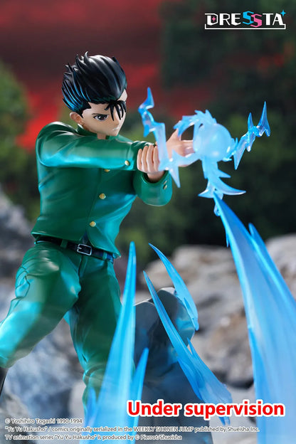 Yu Yu Hakusho Dressta Yusuke Urameshi Figure in green school uniform with blue spirit energy effect and rocky display base