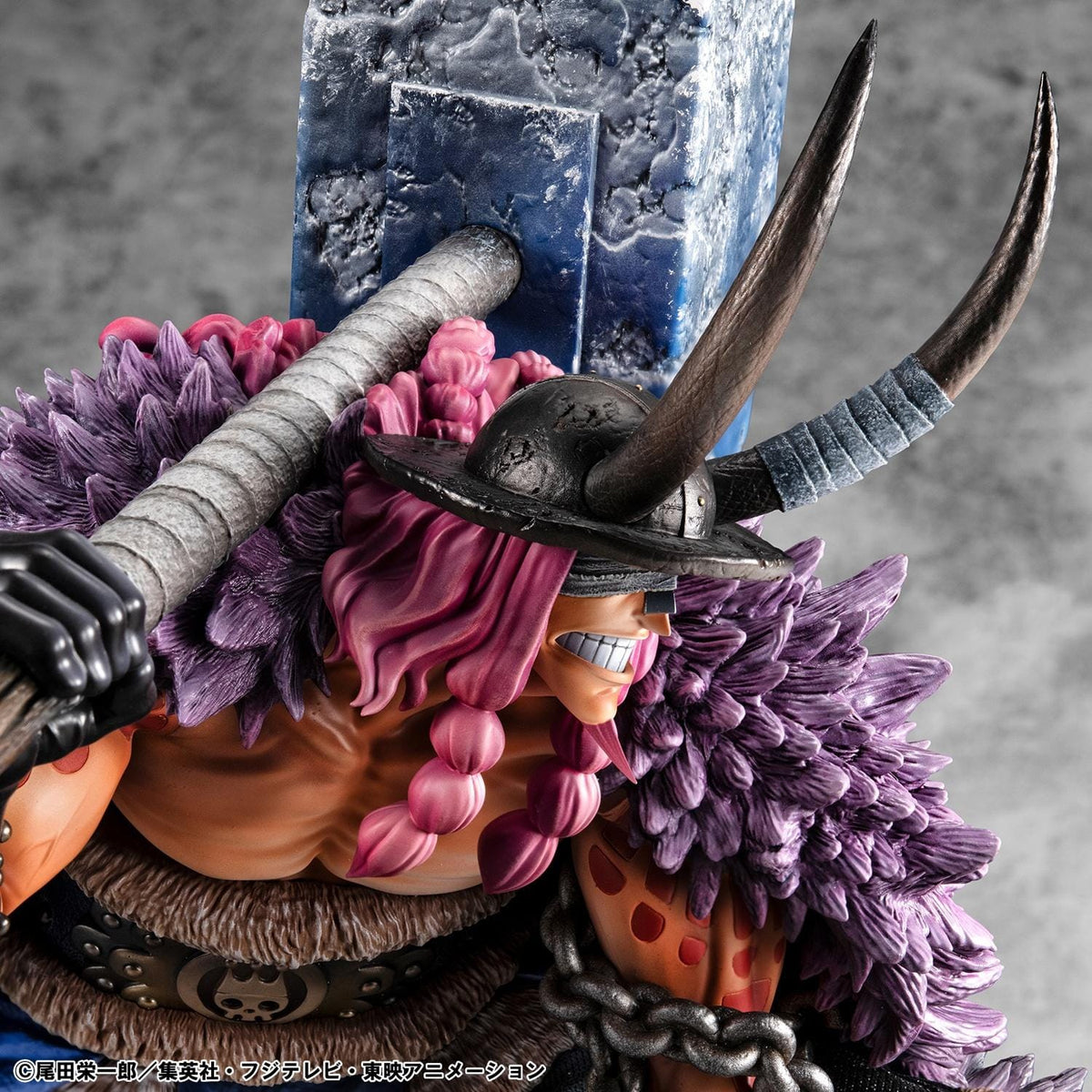 One Piece Portrait of Pirates ELB-Maximum Loki figure crouching with a massive hammer, horned helmet, pink braids, purple cloak, and chains on a rocky base.