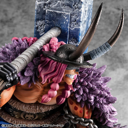 One Piece Portrait of Pirates ELB-Maximum Loki figure crouching with a massive hammer, horned helmet, pink braids, purple cloak, and chains on a rocky base.