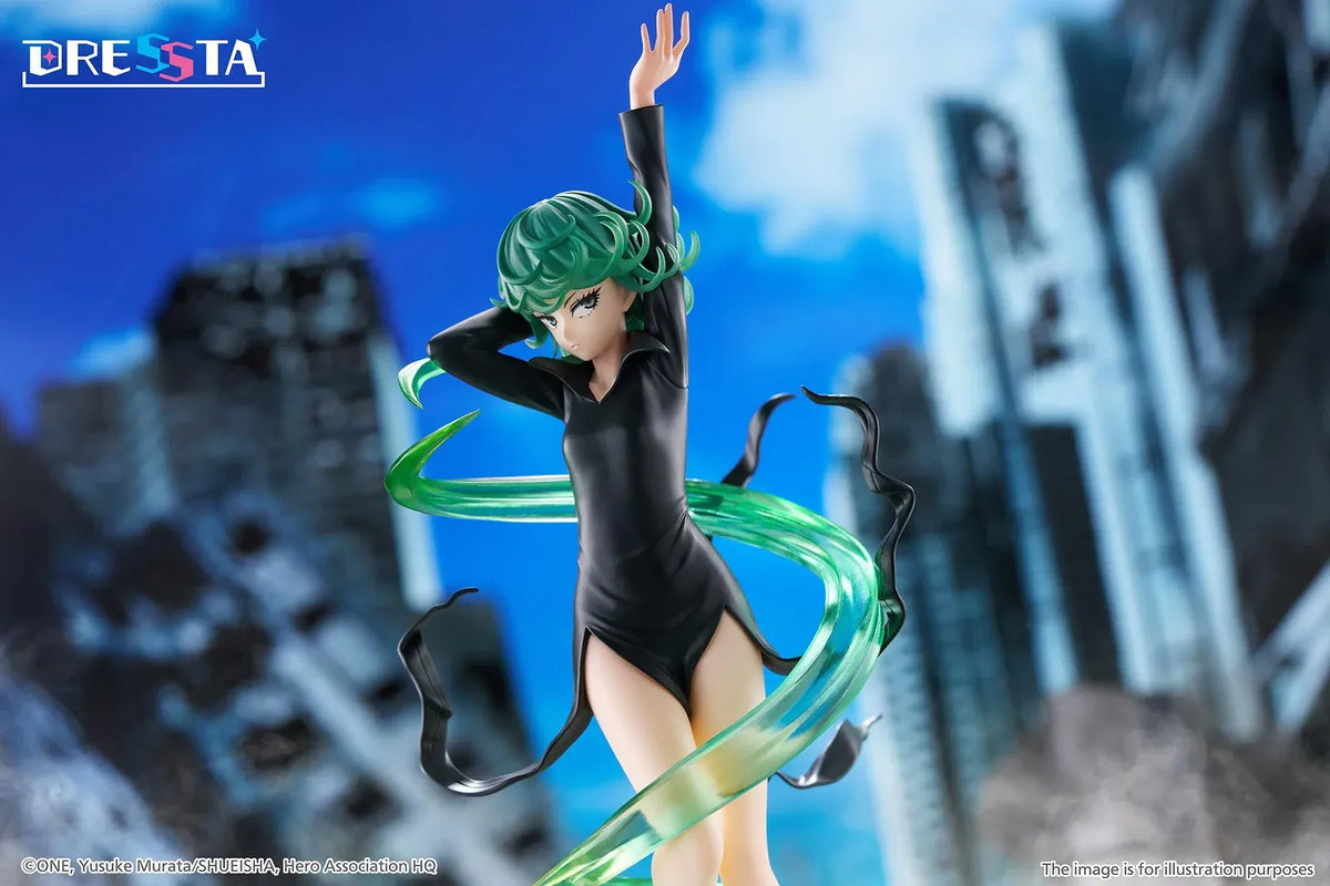 Terrible Tornado Dressta figure floating in a black dress surrounded by translucent green psychic energy effects on a rocky base.