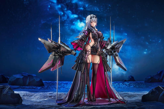 1/7 scale figure of Modernia from Goddess of Victory: Nikke in her Second Affection outfit, wearing a black coat with crimson lining and large mechanical wing units extending from her sides.