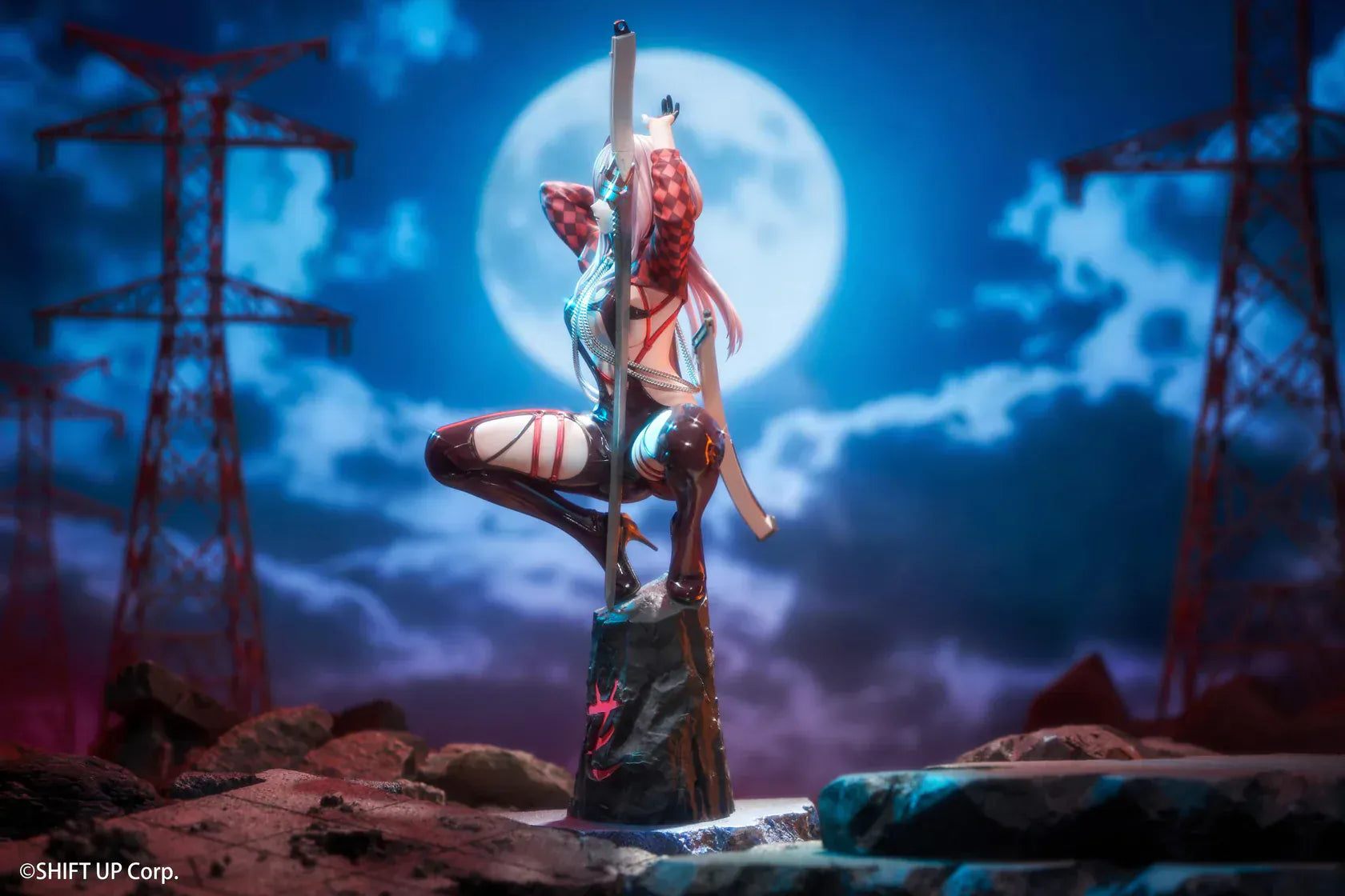 Scarlet Racer's High scale figure from Goddess of Victory: Nikke, crouching on a rocky base with weapons drawn and glossy red combat suit.