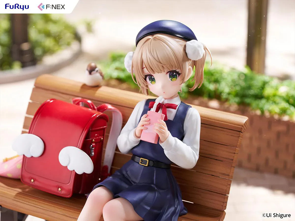 Ui Shigure Ui Shigure 9 Years Old 1/7 Scale Figure seated on a park bench with school bag, drink, and bird companion