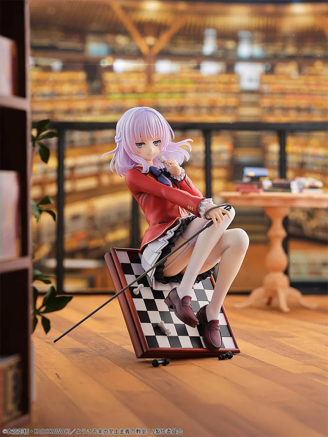 Classroom of the Elite Arisu Sakayanagi 1/7 Scale Figure featuring Arisu seated on a chessboard-style display with beret, red blazer, cane accessory, and round base.