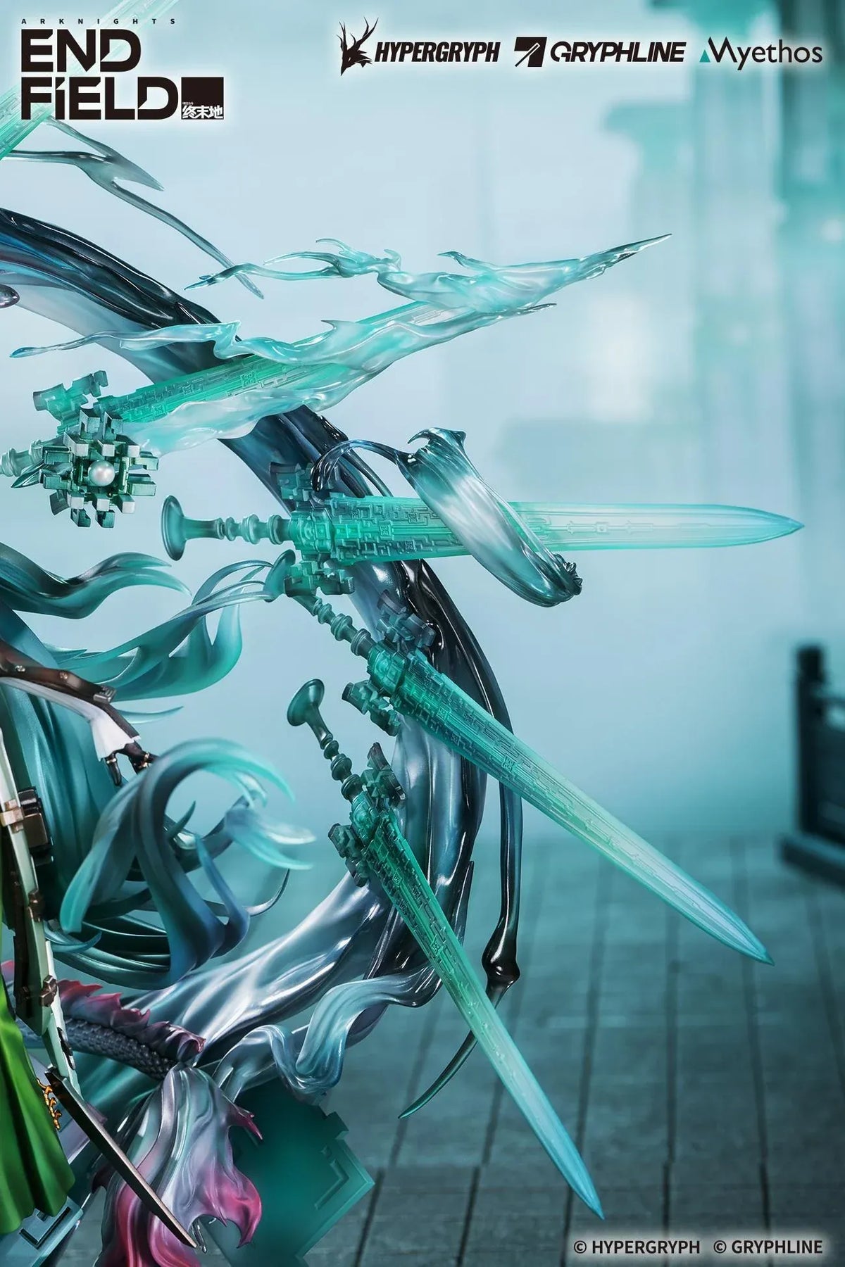 Arknights Endfield Zhuang Fangyi 1/7 scale figure with teal hair and a green outfit, surrounded by a curling dragon and translucent turquoise blades.