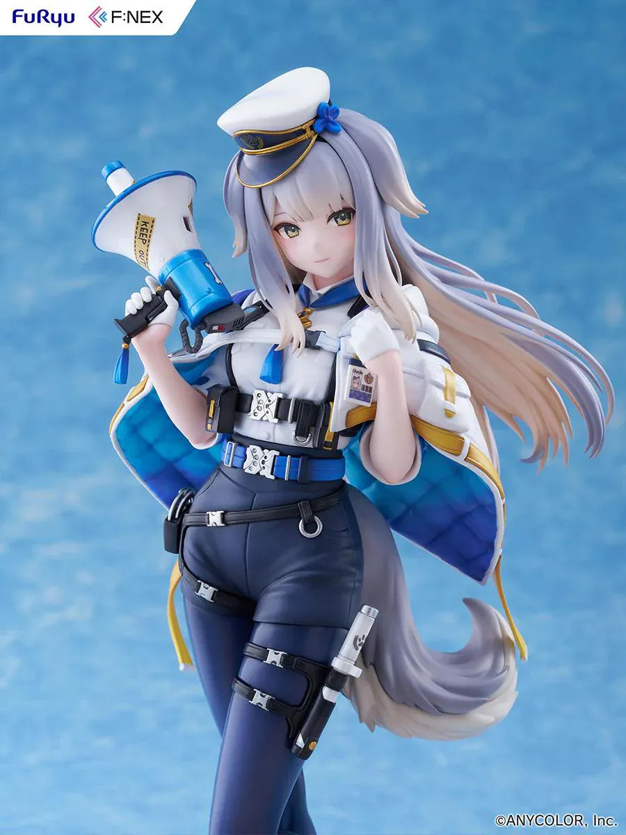 Nijisanji Ruri Shioriha 1/7 scale figure featuring megaphone accessory, silver hair, and detailed blue-and-white outfit