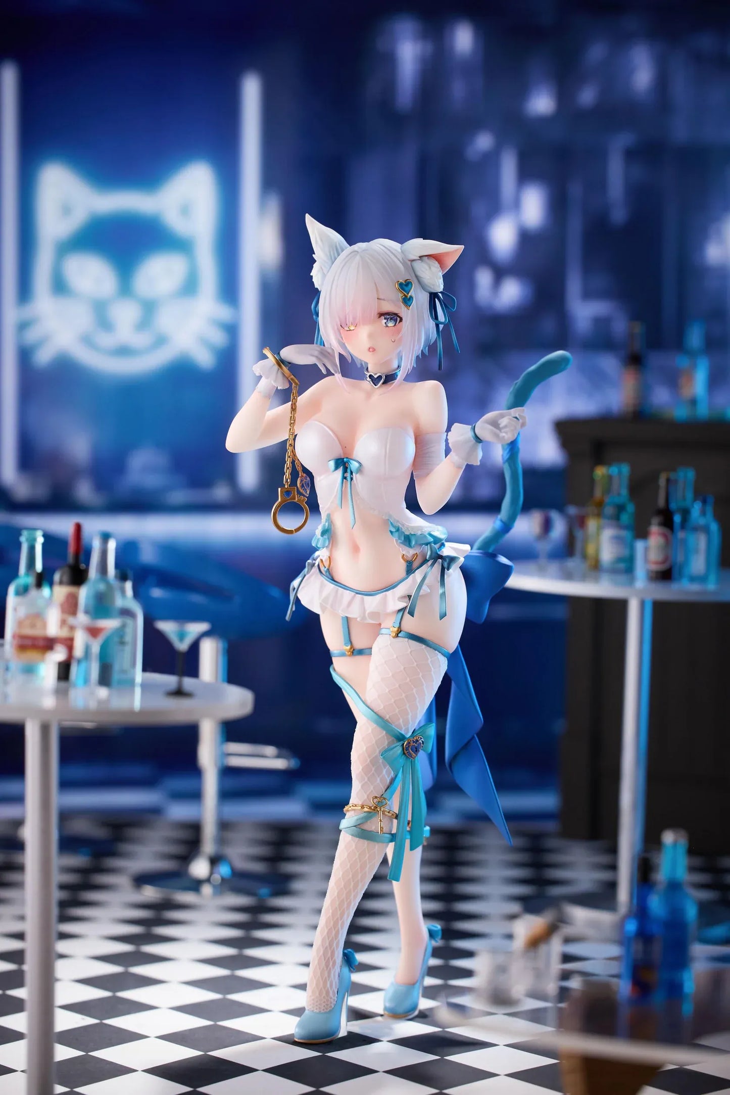 Shibarare Neko Putika-chan Deluxe Edition 1/7 Scale Figure featuring Putika-chan with white hair, cat ears, blue ribbon accents, cat tail detail, and bonus illustration card.