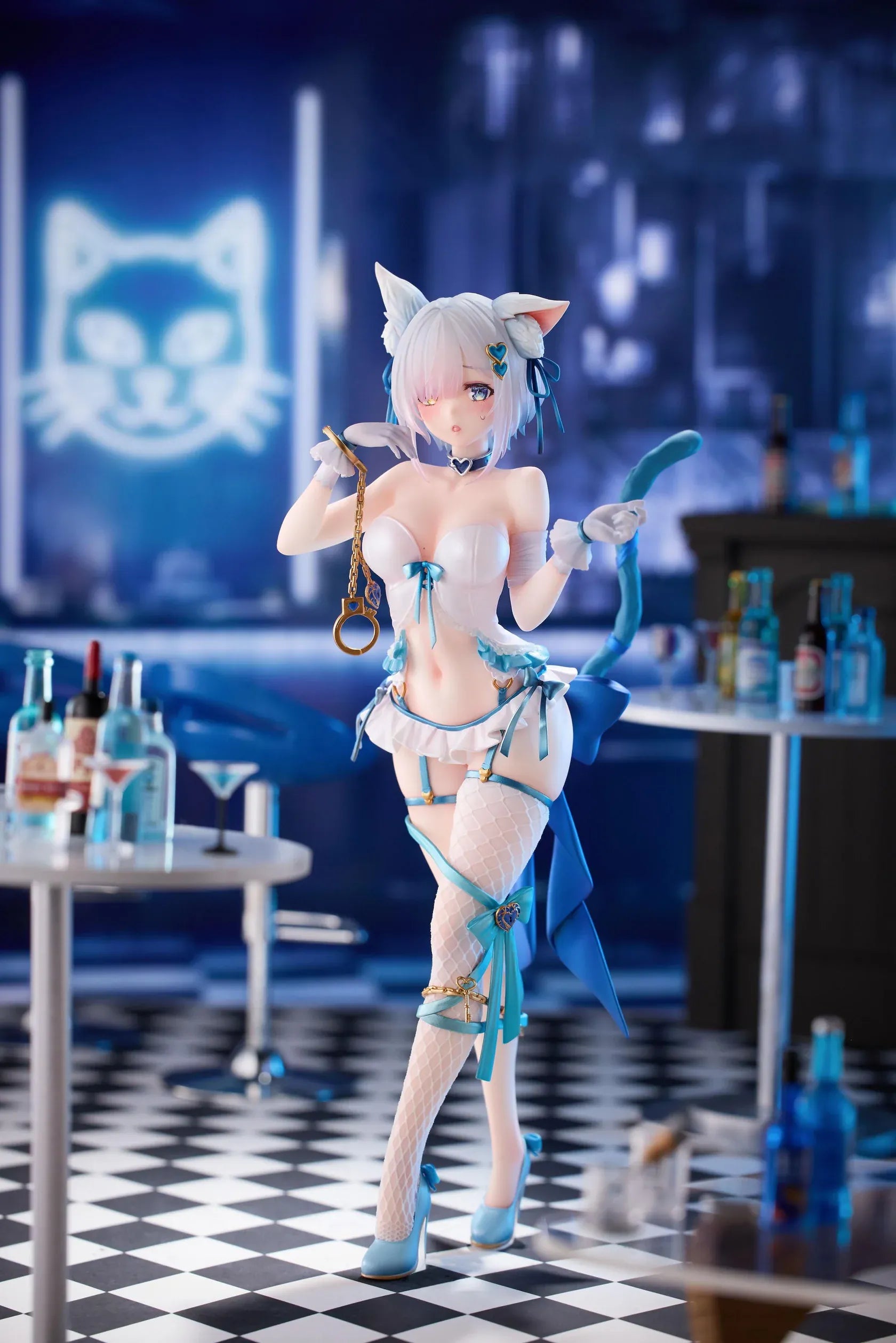 Shibarare Neko Putika-chan Deluxe Edition 1/7 Scale Figure featuring Putika-chan with white hair, cat ears, blue ribbon accents, cat tail detail, and bonus illustration card.