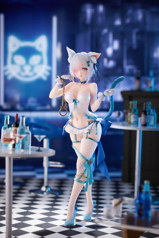 Shibarare Neko Putika-chan Deluxe Edition 1/7 Scale Figure featuring Putika-chan with white hair, cat ears, blue ribbon accents, cat tail detail, and bonus illustration card.