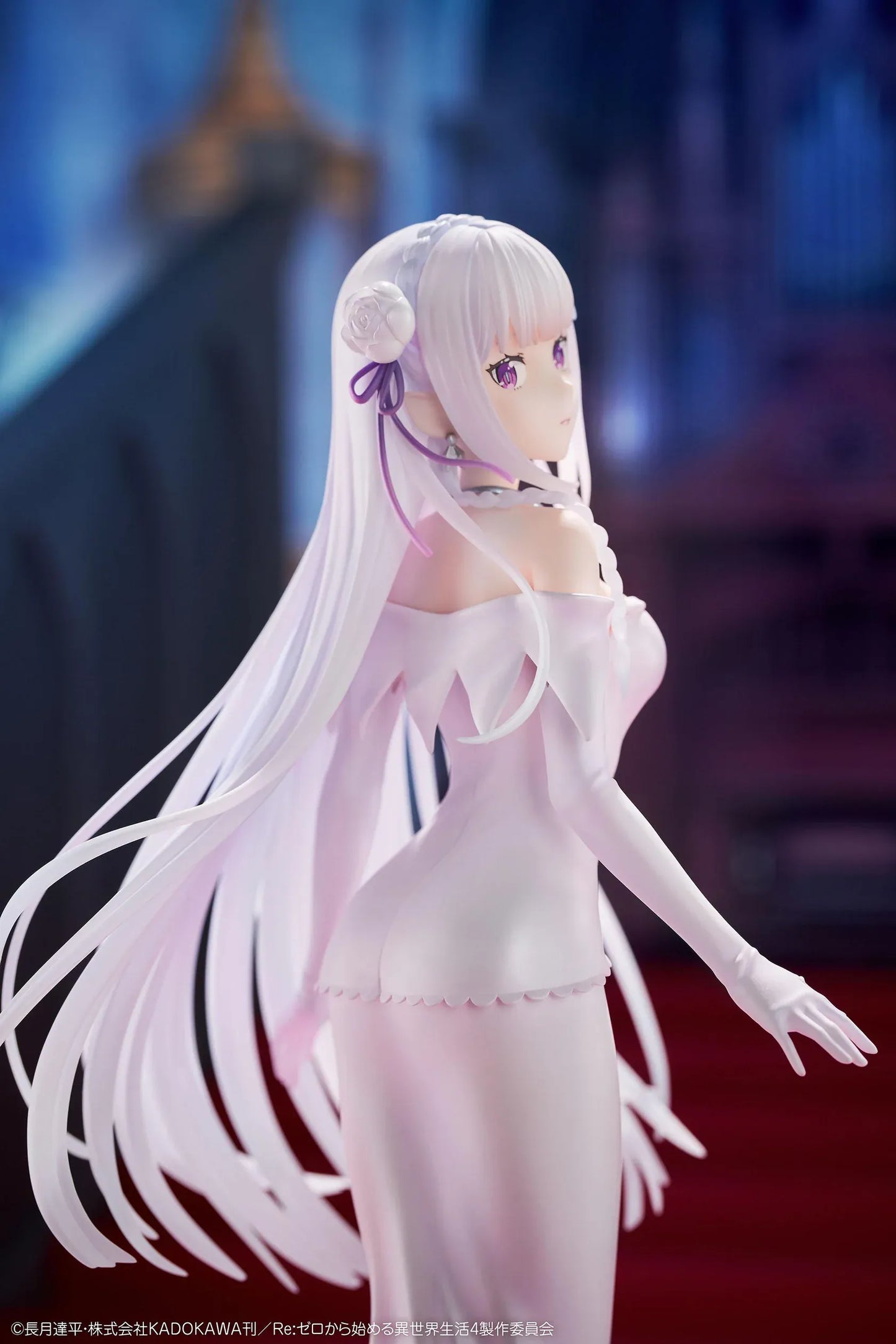 Re Zero Emilia Wedding Dress Ver. 1/7 Scale Figure wearing an elegant flowing white bridal gown with silver hair and floral accessories