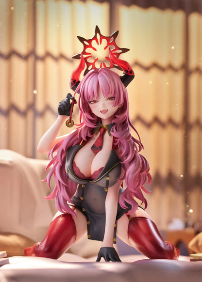 Blue Archive Satsuki Memorial Lobby 1/7 scale figure kneeling in a black-and-red outfit with flowing pink hair, horns, and a dark halo.
