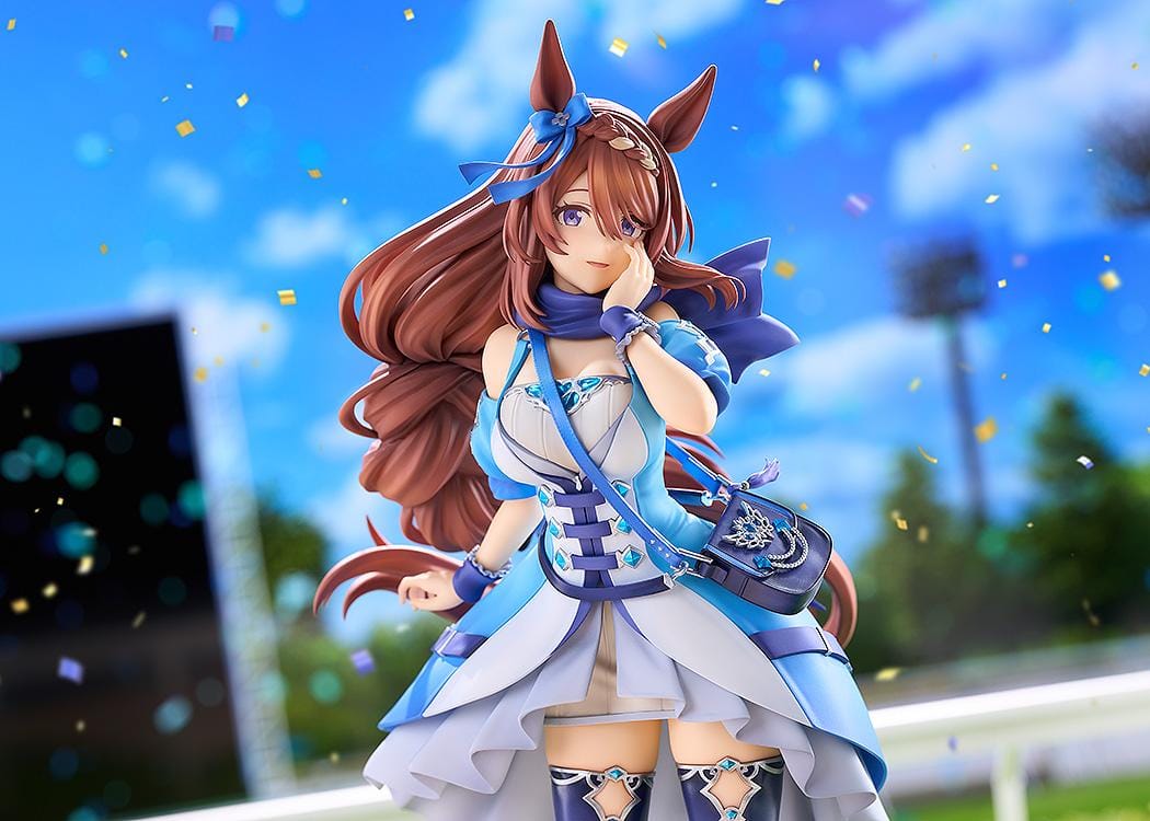 Umamusume Cinderella Gray Super Creek figure with flowing brown hair, a blue and white outfit, shoulder bag, and tall boots, posed with a hand against her cheek.