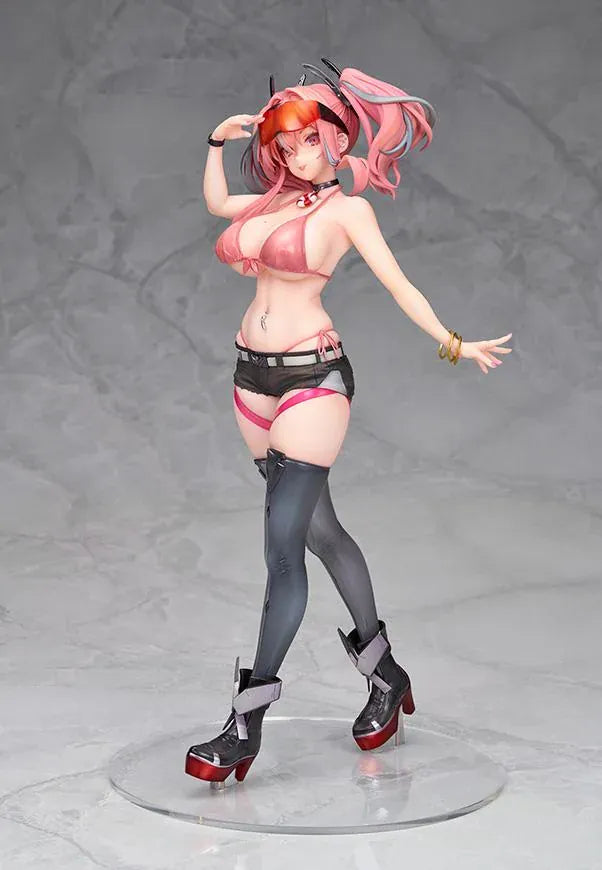 Azur Lane Bremerton 1/7 scale figure with pink twin tails, orange goggles, a navy coat, black shorts, and tall boots in a saluting pose.